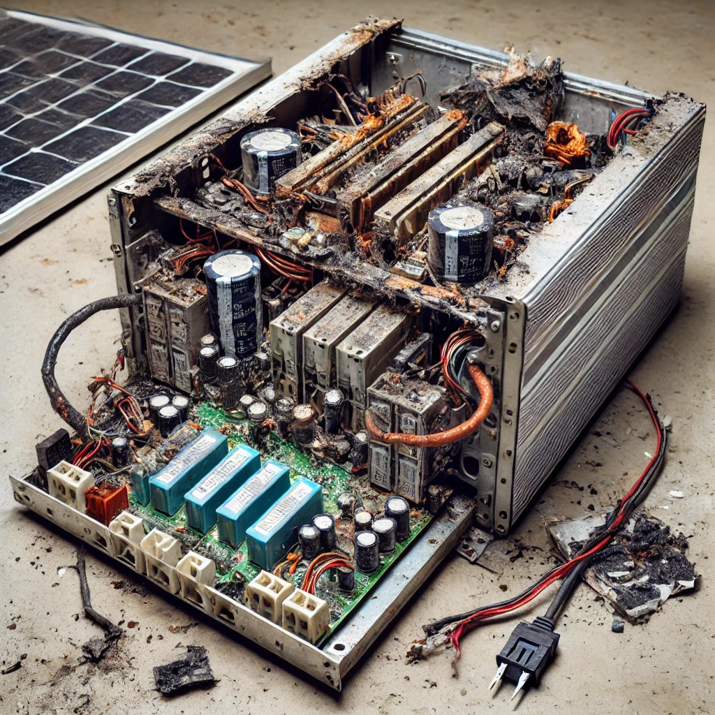 Stark beschädigter und ausgebrannter Solarwechselrichter, der sichtbare Anzeichen von Verkabelungsschäden und Überhitzung zeigt. Teile der Elektronik sind verbrannt, und das Gerät ist nicht mehr funktionsfähig. Ein Solarpanel ist im Hintergrund zu sehen.